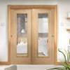 Two Sliding Doors and Frame Kit - Varese Oak Flush Door - Aluminium Inlay - Clear Glass - Prefinished
