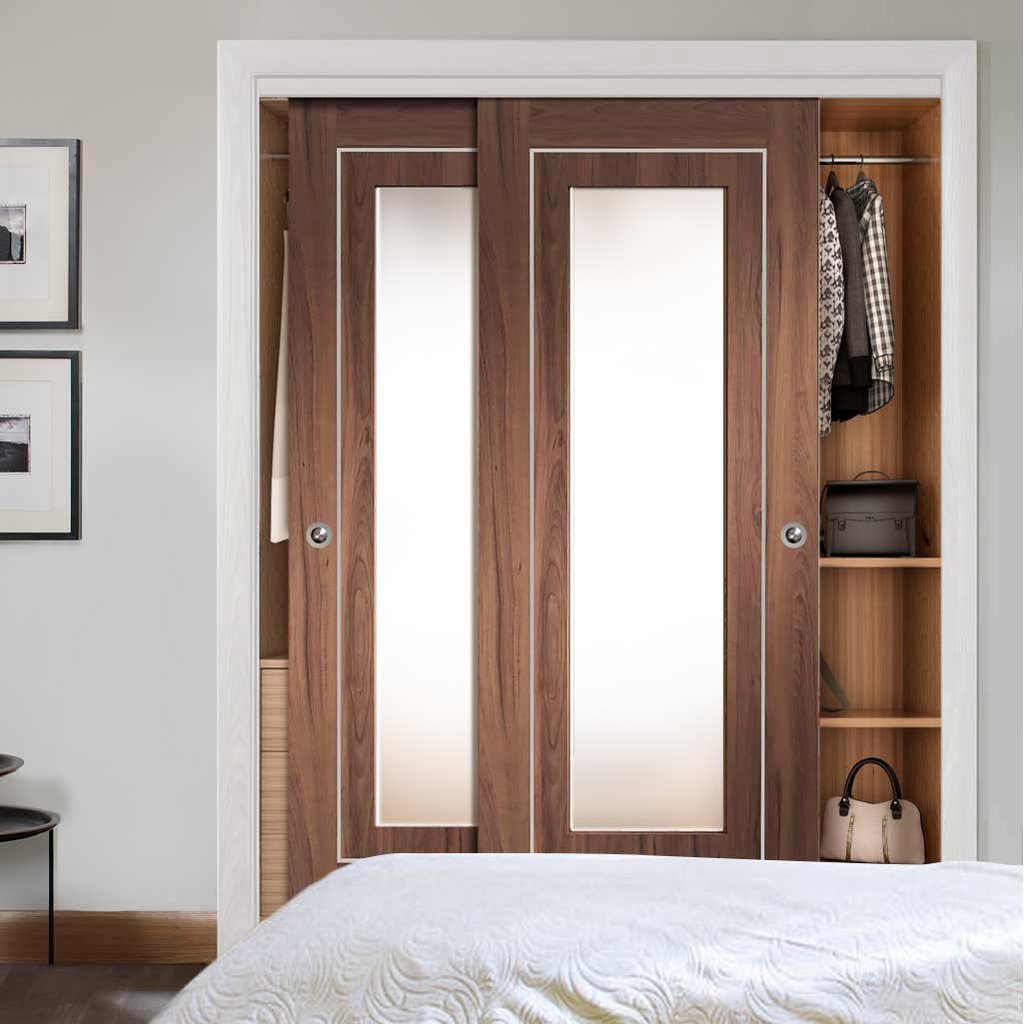 Bespoke Thruslide Varese Walnut Glazed 2 Door Wardrobe and Frame Kit - Aluminium Inlay - Prefinished