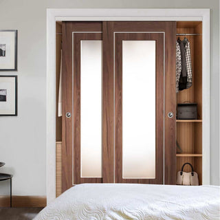 Image: Bespoke Thruslide Varese Walnut Glazed 2 Door Wardrobe and Frame Kit - Aluminium Inlay - Prefinished