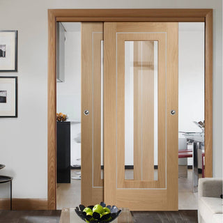 Image: Bespoke Thruslide Varese Oak Glazed - 2 Sliding Doors and Frame Kit - Aluminium Inlay - Prefinished