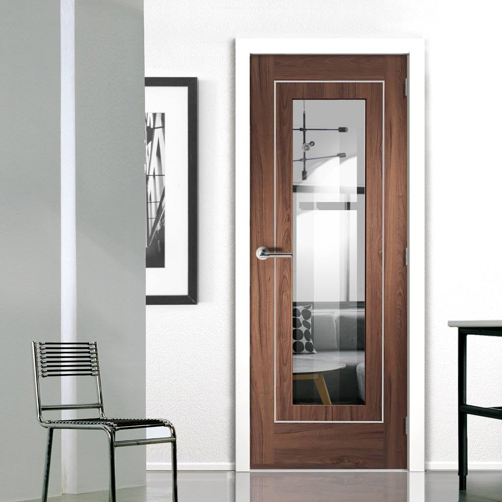 Walnut veneer intrior modern door with safety glazing