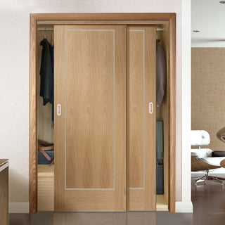 Image: Bespoke Thruslide Varese Oak Flush 2 Door Wardrobe and Frame Kit - Aluminium Inlay - Prefinished