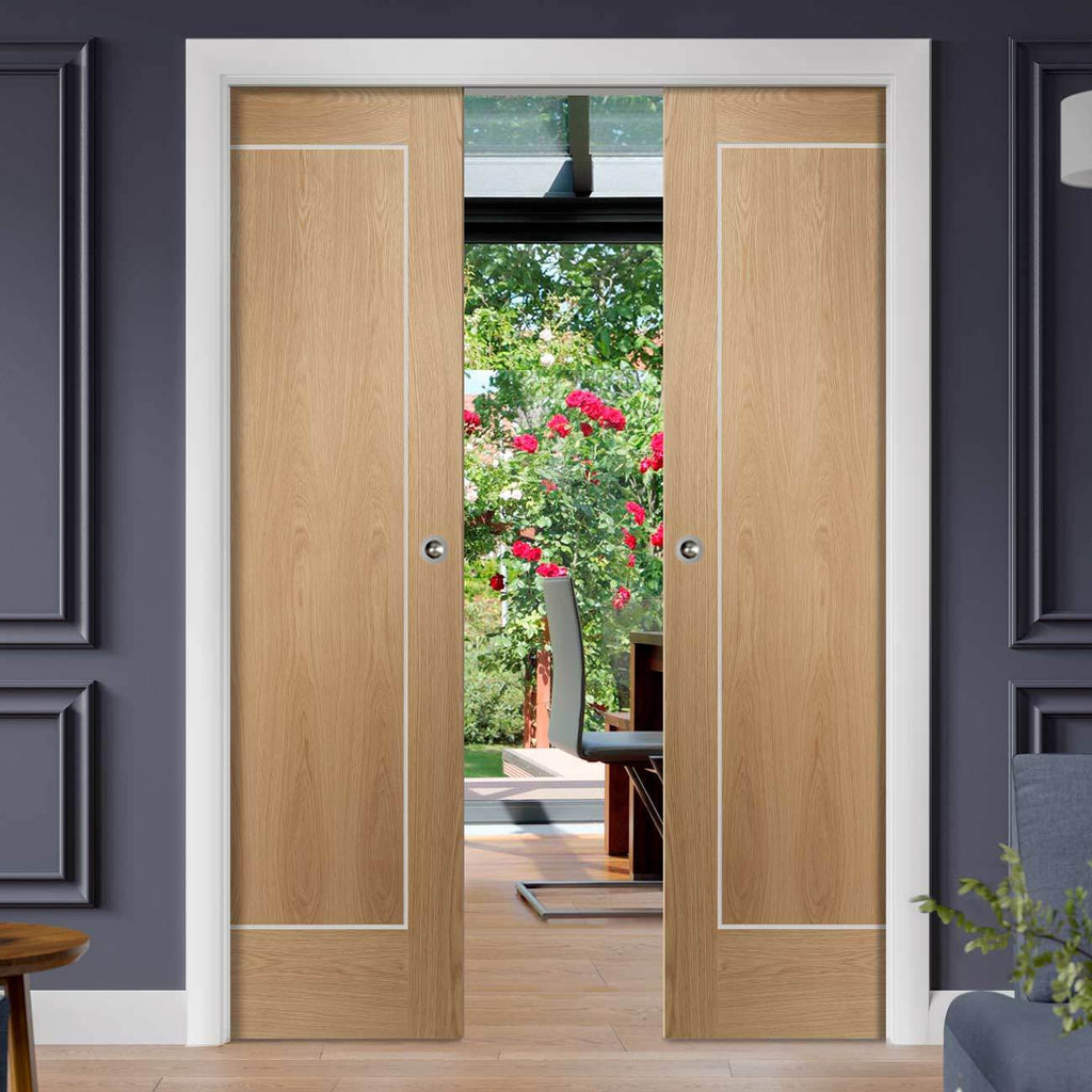 Bespoke Varese Oak Flush Double Pocket Door - Aluminium Inlay - Prefinished