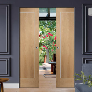 Image: Varese Oak Flush Absolute Evokit Double Pocket Door - Aluminium Inlay - Prefinished