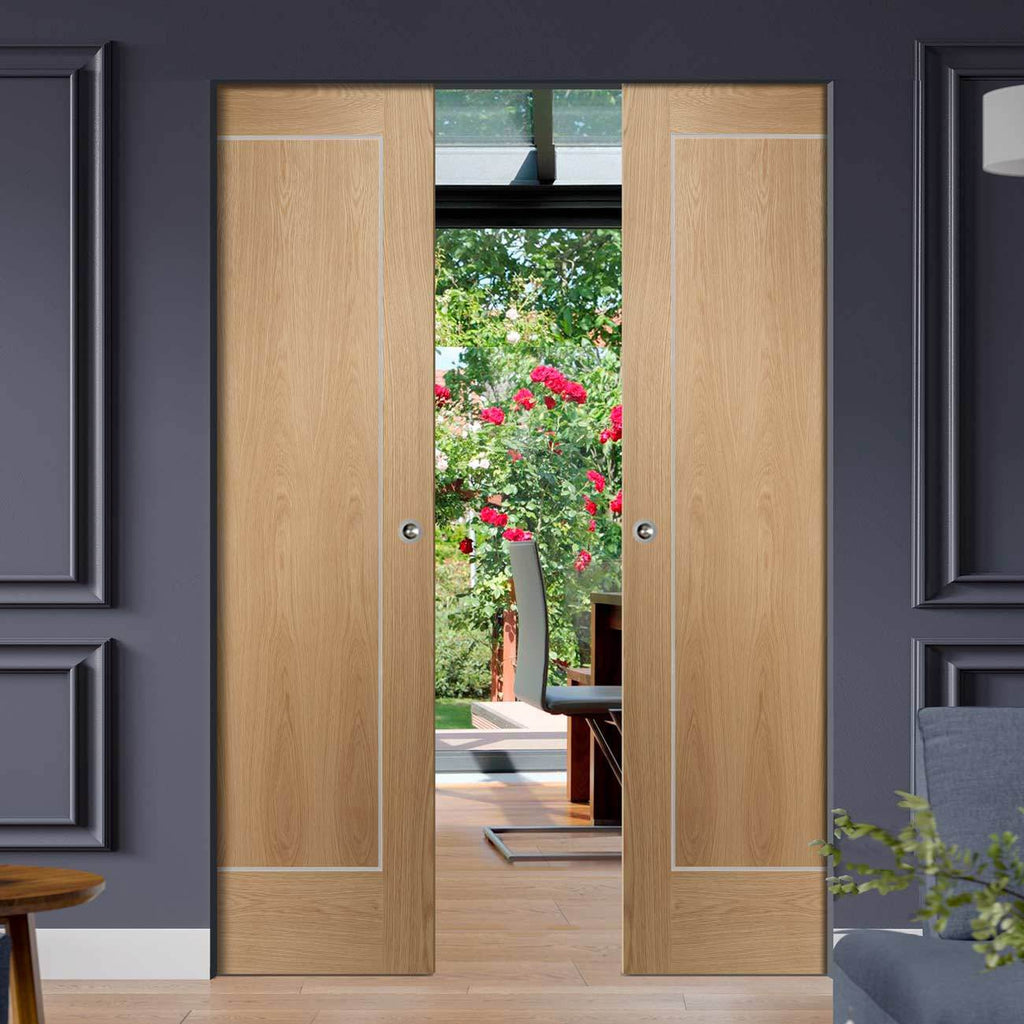 Bespoke Varese Oak Flush Double Frameless Pocket Door - Aluminium Inlay - Prefinished