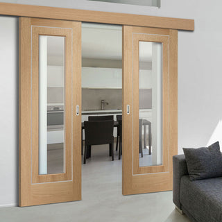 Image: Double Sliding Door & Wall Track - Varese Oak Flush Door - Clear Glass - Aluminium Inlay - Prefinished