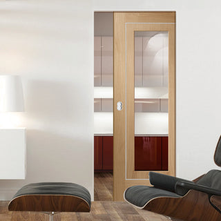 Image: Bespoke Varese Oak Glazed Single Frameless Pocket Door - Aluminium Inlay - Prefinished