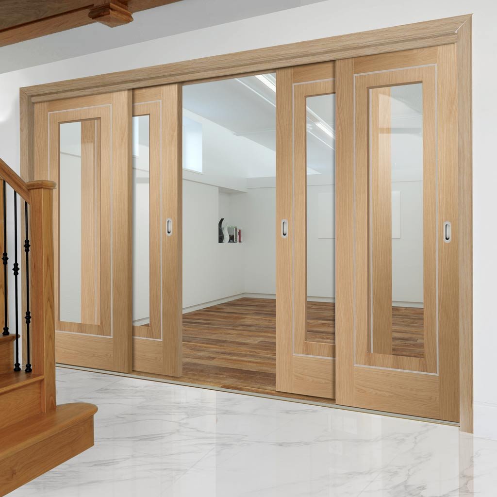 Bespoke Thruslide Varese Oak Glazed - 4 Sliding Doors and Frame Kit - Aluminium Inlay - Prefinished