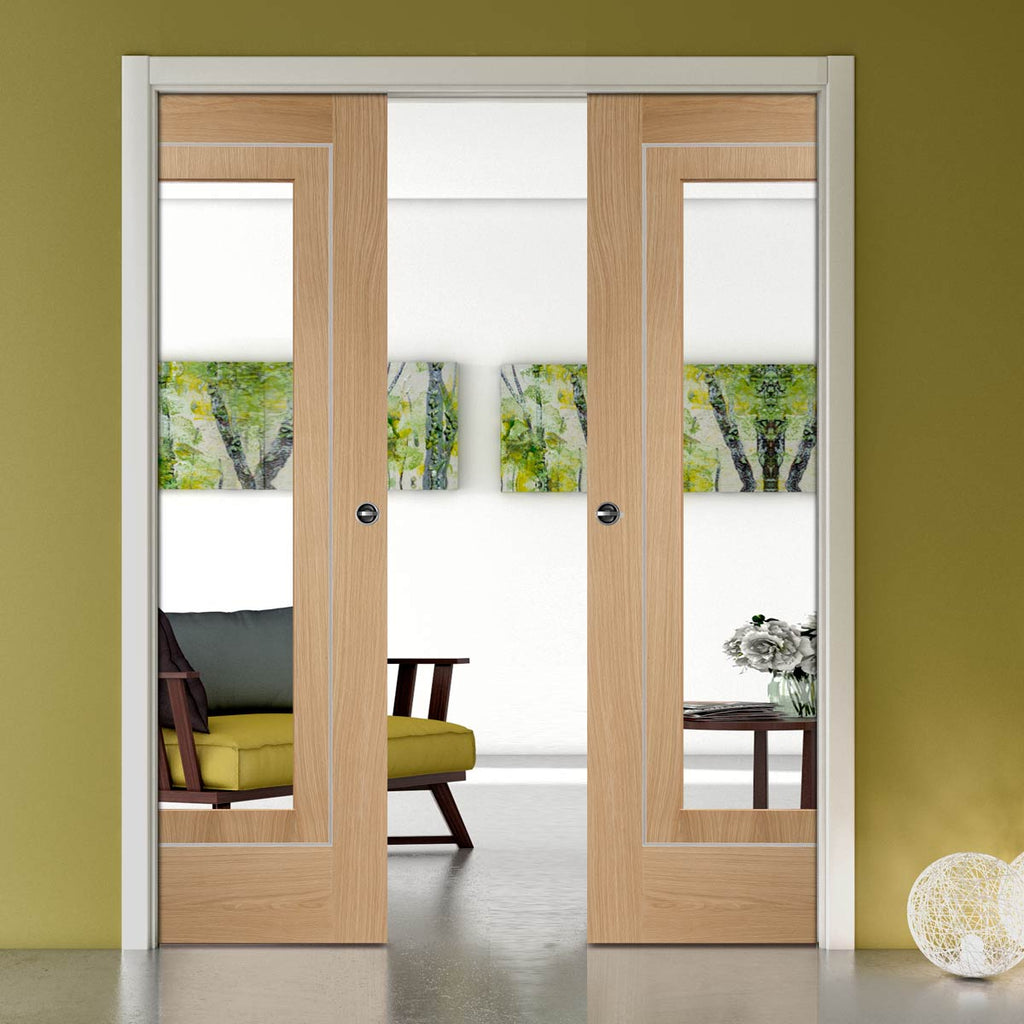 Bespoke Varese Oak Glazed Double Pocket Door - Aluminium Inlay - Prefinished