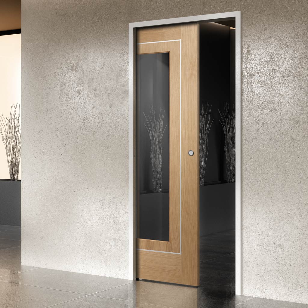 Bespoke Varese Oak Glazed Single Pocket Door - Aluminium Inlay - Prefinished