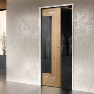 Image: Varese Oak Flush Single Evokit Pocket Door - Clear Glass - Aluminium Inlay - Prefinished