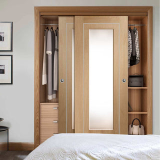 Image: Bespoke Thruslide Varese Oak Glazed 2 Door Wardrobe and Frame Kit - Aluminium Inlay - Prefinished