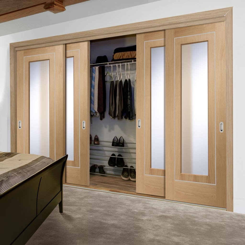 Bespoke Thruslide Varese Oak Glazed 4 Door Wardrobe and Frame Kit - Aluminium Inlay - Prefinished