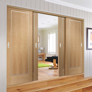 Image: Bespoke Thruslide Varese Oak Flush - 4 Sliding Doors and Frame Kit - Aluminium Inlay - Prefinished