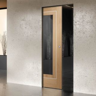 Image: Varese Oak Flush Absolute Evokit Pocket Door - Clear Glass - Aluminium Inlay - Prefinished