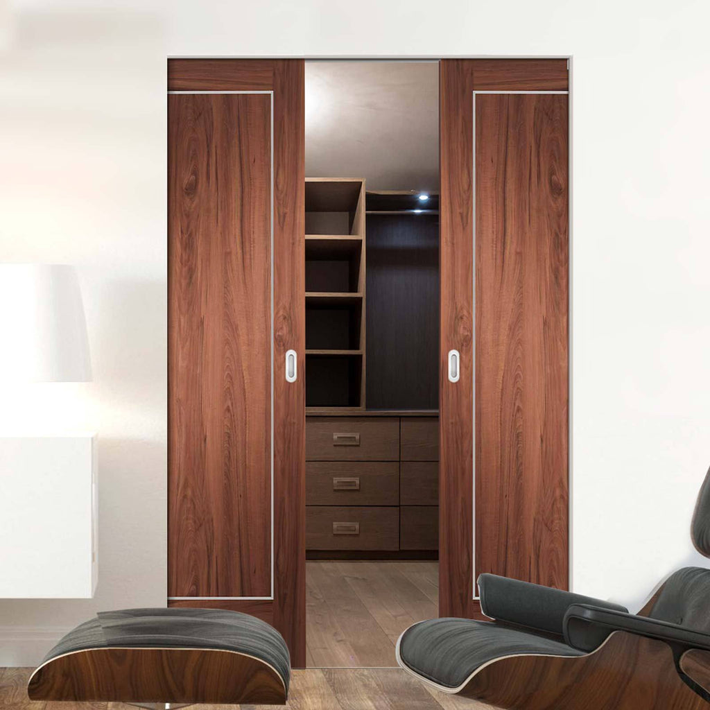 Bespoke Varese Walnut Flush Double Frameless Pocket Door - Aluminium Inlay - Prefinished