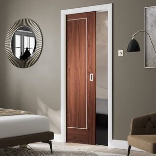 Image: Bespoke Varese Walnut Flush Single Pocket Door - Aluminium Inlay - Prefinished