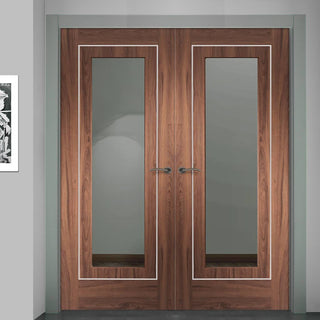 Image: Varese Walnut Flush Door Pair - Clear Glass - Aluminium Inlay - Prefinished