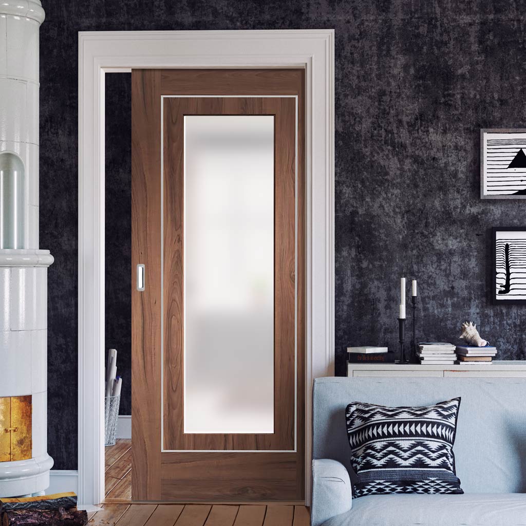 Bespoke Varese Walnut Galzed Single Pocket Door - Aluminium Inlay - Prefinished