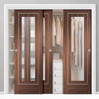 Image: Bespoke Thruslide Varese Walnut Glazed 3 Door Wardrobe and Frame Kit - Aluminium Inlay - Prefinished