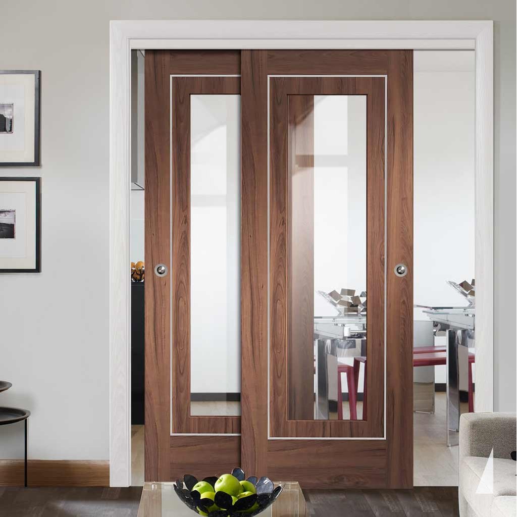 Bespoke Thruslide Varese Walnut Glazed - 2 Sliding Doors and Frame Kit - Aluminium Inlay - Prefinished