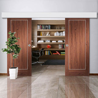 Image: Bespoke Thruslide Surface Varese Walnut Flush - Sliding Double Door and Track Kit - Aluminium Inlay - Prefinished