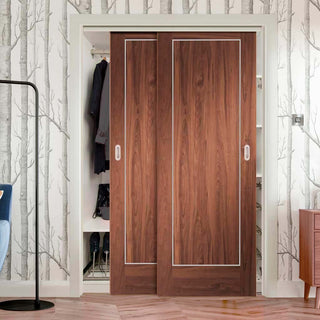 Image: Bespoke Thruslide Varese Walnut Flush 2 Door Wardrobe and Frame Kit - Aluminium Inlay - Prefinished