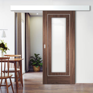 Image: Single Sliding Door & Wall Track - Varese Walnut Flush Door - Clear Glass - Aluminium Inlay - Prefinished