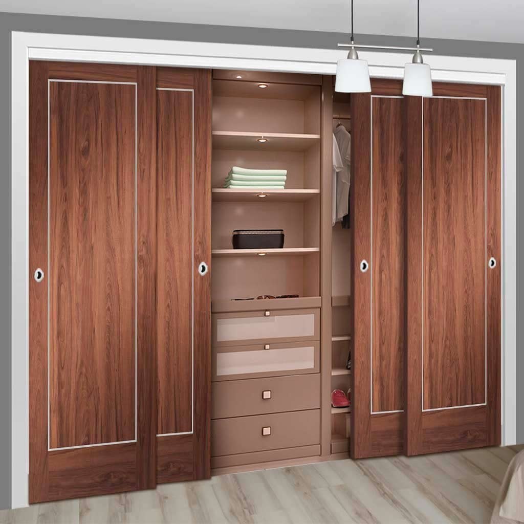 Bespoke Thruslide Varese Walnut Flush 4 Door Wardrobe and Frame Kit - Aluminium Inlay - Prefinished