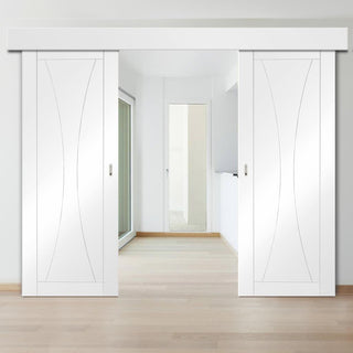 Image: Bespoke Thruslide Surface Verona Flush - Sliding Double Door and Track Kit - White Primed