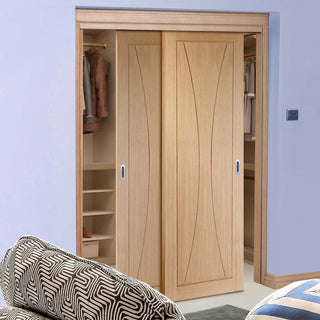 Image: Bespoke Thruslide Verona Oak Flush 2 Door Wardrobe and Frame Kit - Prefinished