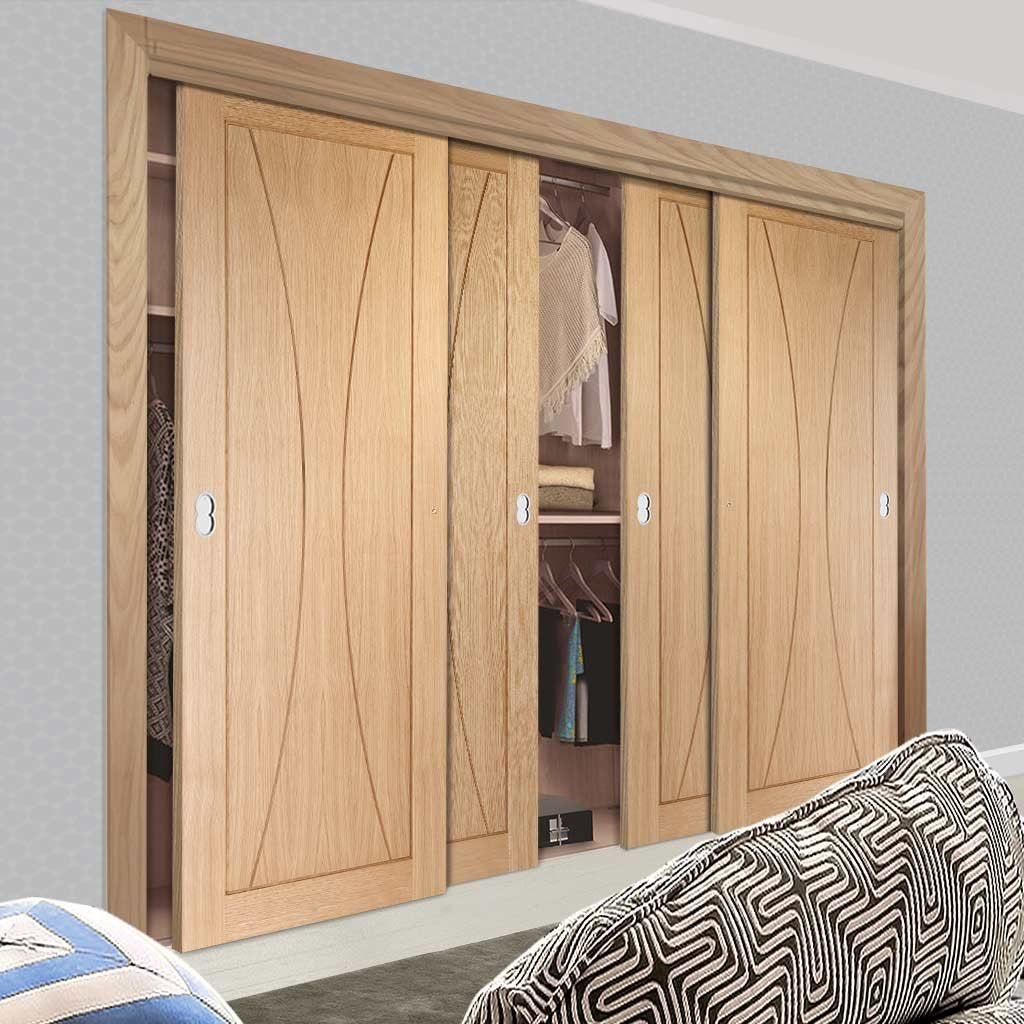 Four Sliding Wardrobe Doors & Frame Kit - Verona Oak Flush Door - Unfinished