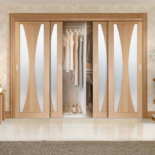 Image: Four Sliding Wardrobe Doors & Frame Kit - Verona Oak Door - Obscure Glass - Unfinished