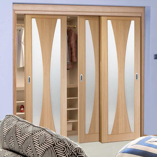 Image: Three Sliding Wardrobe Doors & Frame Kit - Verona Oak Door - Obscure Glass - Unfinished