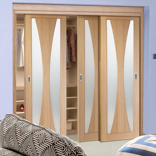 Image: Minimalist Wardrobe Door & Frame Kit - Three Verona Oak Doors - Obscure Glass - Unfinished