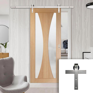 Image: Single Sliding Door & Stainless Steel Barn Track - Verona Oak Door - Obscure Glass - Unfinished