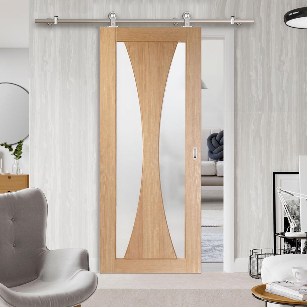 Sirius Tubular Stainless Steel Sliding Track & Verona Oak Door - Obscure Glass - Unfinished