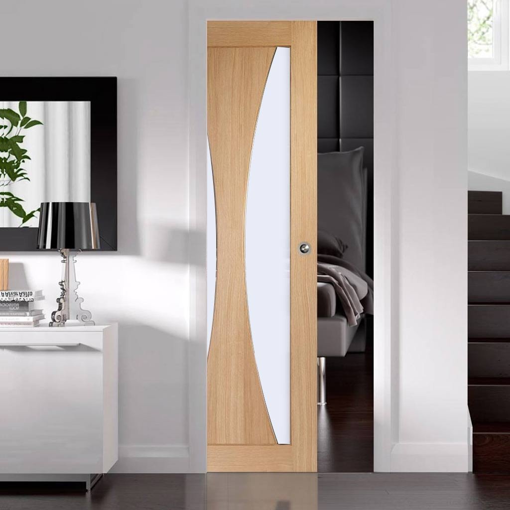 Verona Oak Single Evokit Pocket Door - Frosted Glass