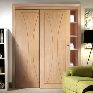 Image: Bespoke Thruslide Verona Oak Flush 2 Door Wardrobe and Frame Kit