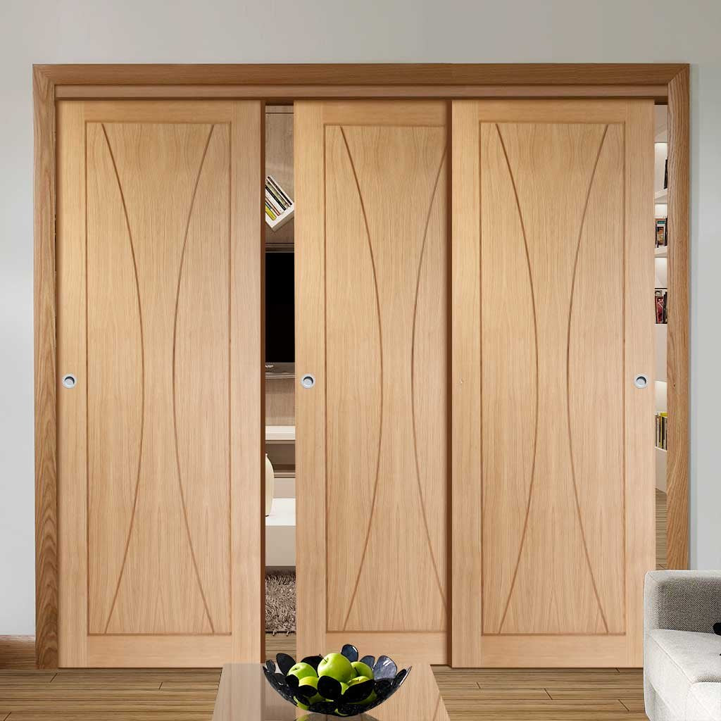 Three Sliding Doors and Frame Kit - Verona Oak Flush Door - Prefinished