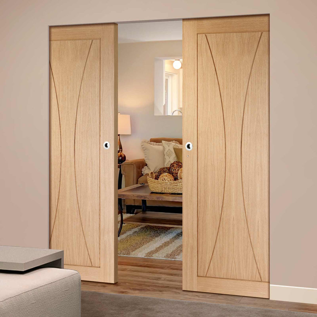 Verona Oak Flush Panel Absolute Evokit Double Pocket Door