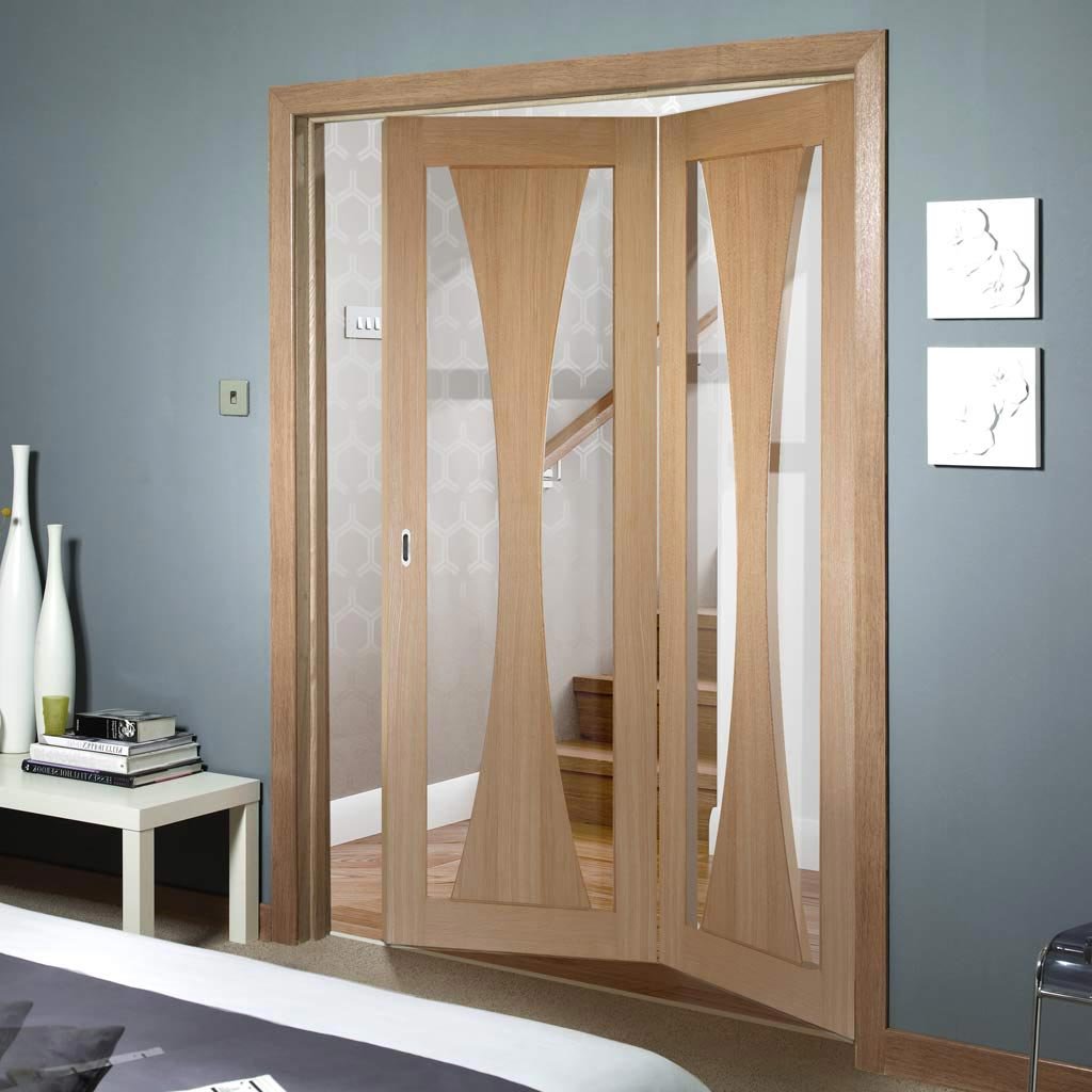 Two Folding Doors & Frame Kit - Verona Oak 2+0 - Clear Glass - Prefinished