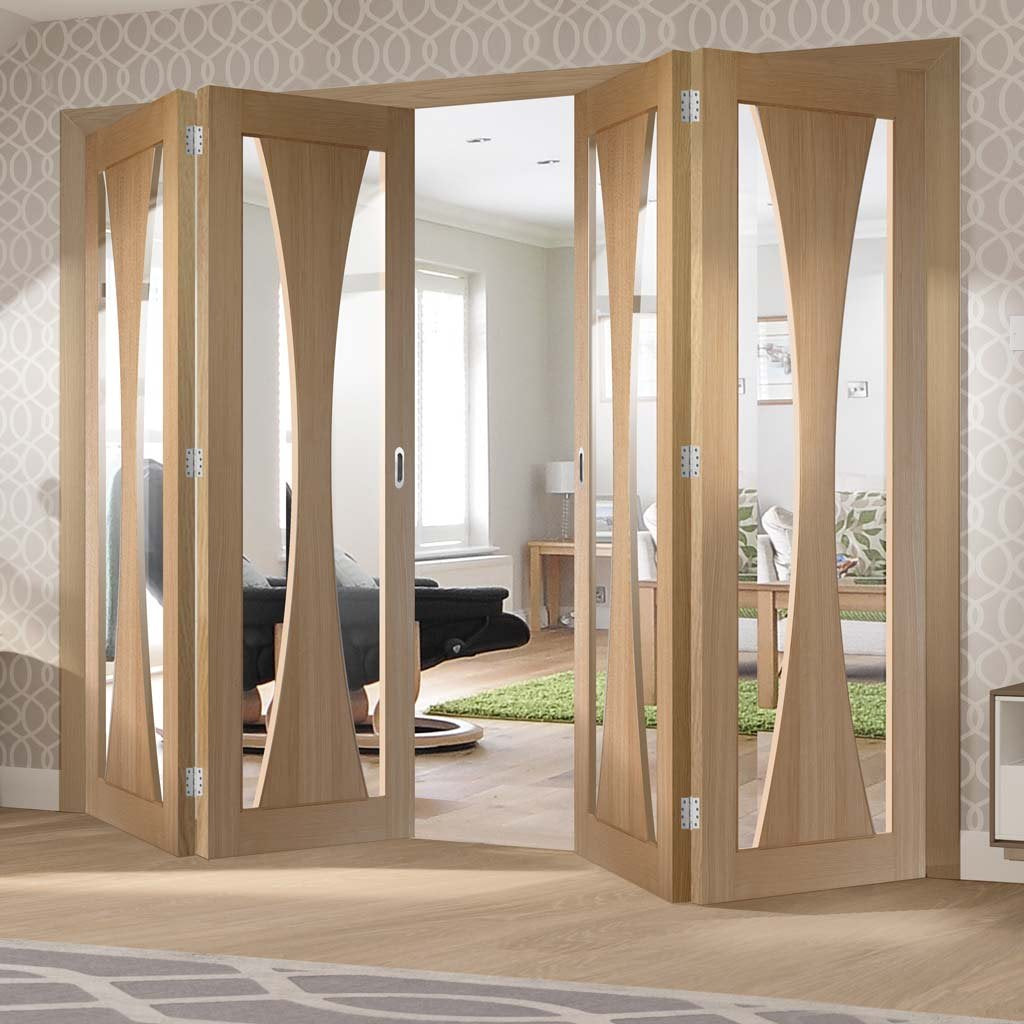 Four Folding Doors & Frame Kit - Verona Oak 2+2 - Clear Glass - Prefinished