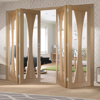 Image: Four Folding Doors & Frame Kit - Verona Oak 2+2 - Clear Glass - Prefinished