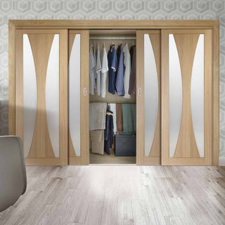 Image: Bespoke Thruslide Verona Oak Glazed 4 Door Wardrobe and Frame Kit - Prefinished