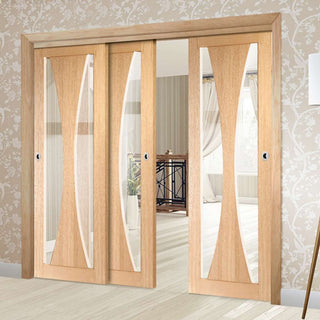 Image: Three Sliding Doors and Frame Kit - Verona Oak Door - Clear Glass - Prefinished