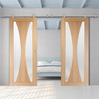 Image: Sirius Tubular Stainless Steel Sliding Track & Verona Oak Double Door - Obscure Glass - Unfinished