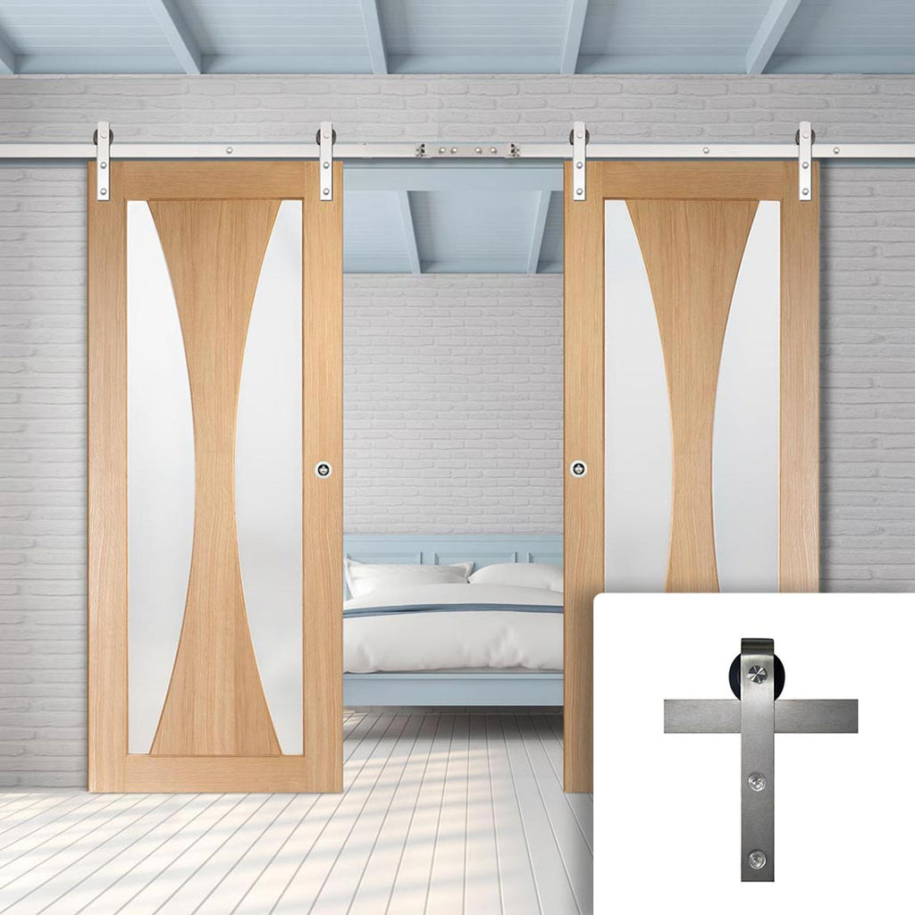 Double Sliding Door & Stainless Steel Barn Track - Verona Oak Door - Obscure Glass - Unfinished