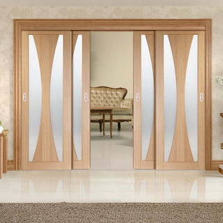 Image: Four Sliding Doors and Frame Kit - Verona Oak Door - Obscure Glass - Unfinished