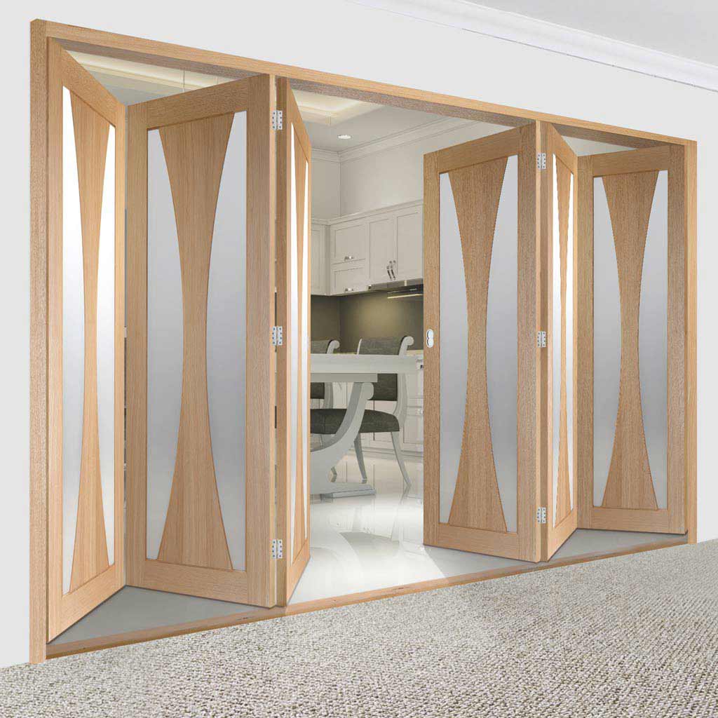Six Folding Doors & Frame Kit - Verona Oak 3+3 - Obscure Glass - Unfinished